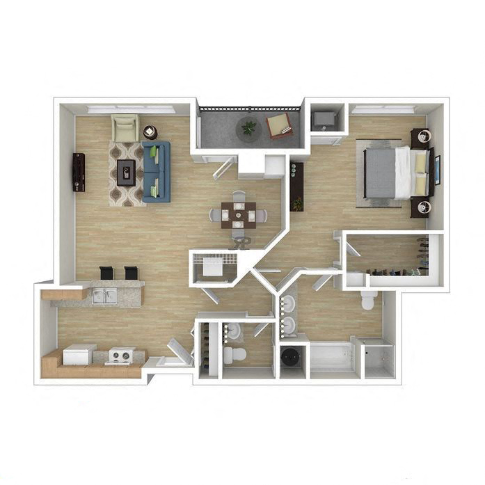 Floor plan for 1 bed, 1.5 baths, 973 sqft